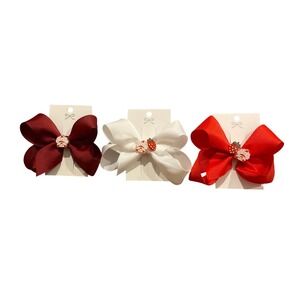 Kids Strawberry Grosgrain Ribbon Hair Bow Set Red White Burgundy 3 Pack 4.5 inch